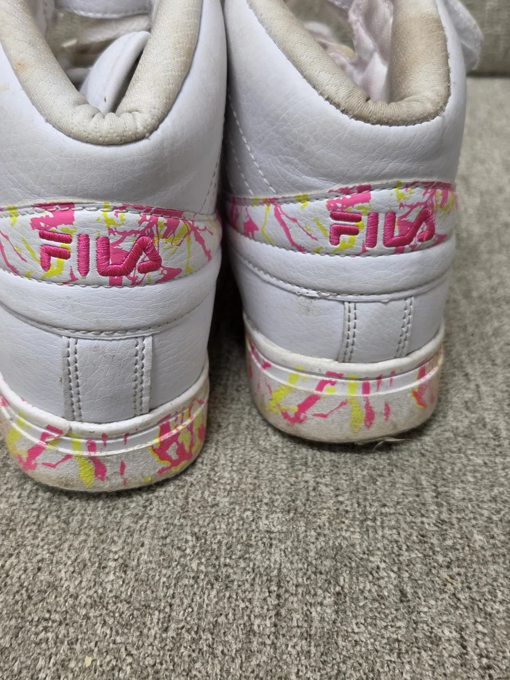 Fila White Kids High-Top Sneakers with Pink and Yellow Accents